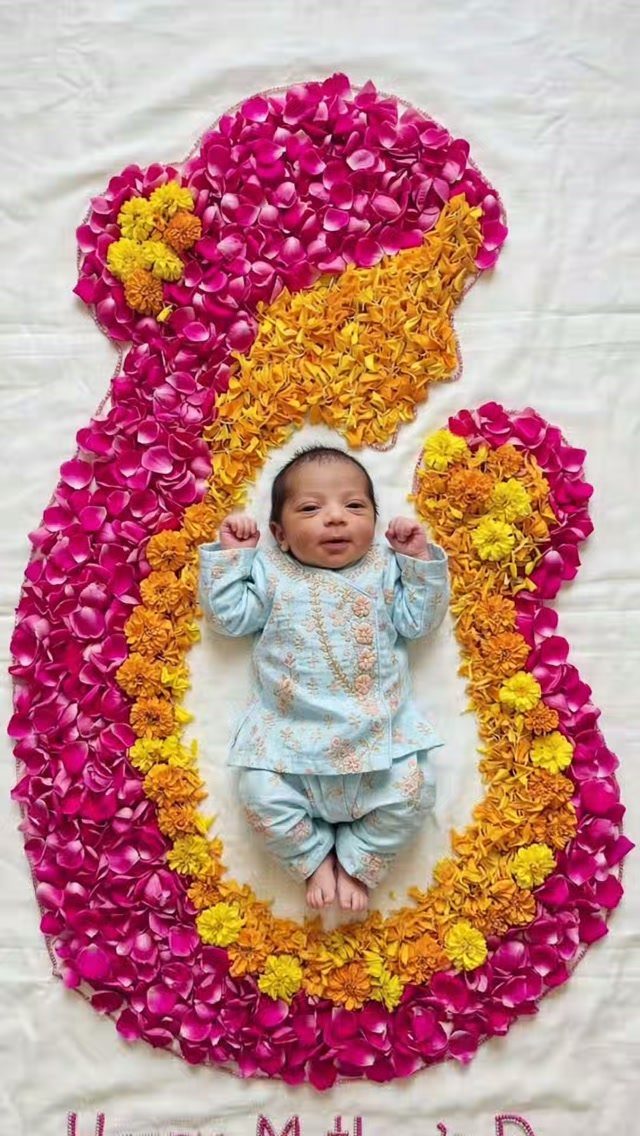 Baby in blue outfit lying inside a large floral petal arrangement on white fabric