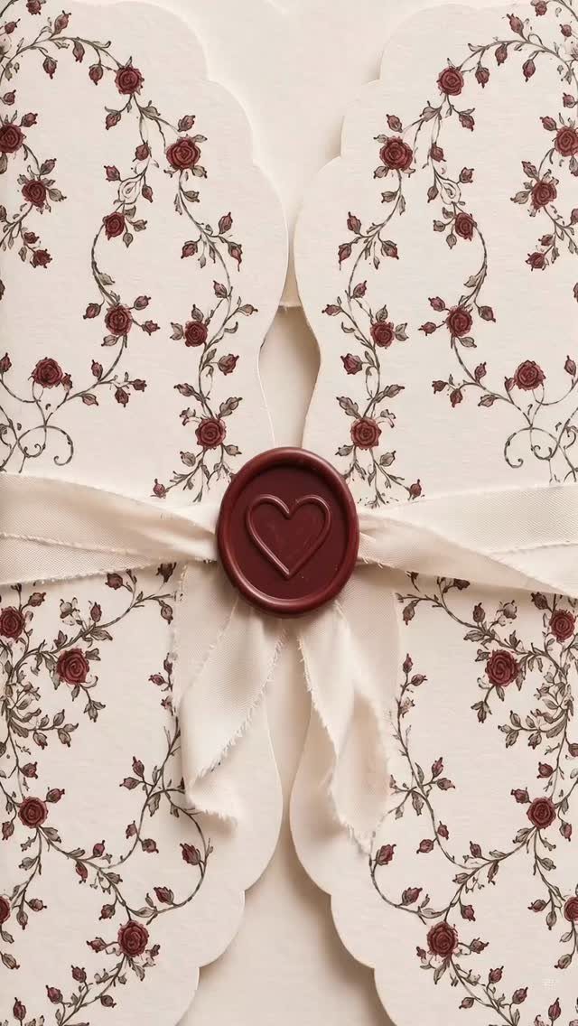 Cream invitation card with red rose patterns, white ribbon, and heart wax seal.