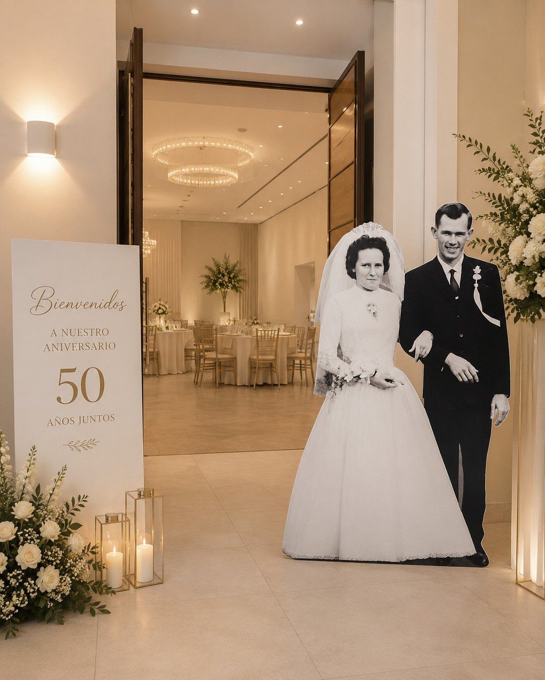 Life-size wedding couple cutout and 50th anniversary welcome sign in a decorated hallway.