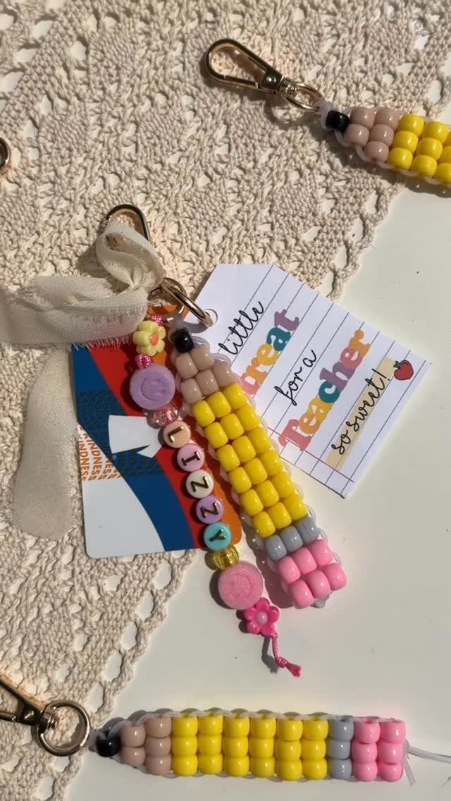 Beaded pencil keychains with a gift card and a teacher gift tag.