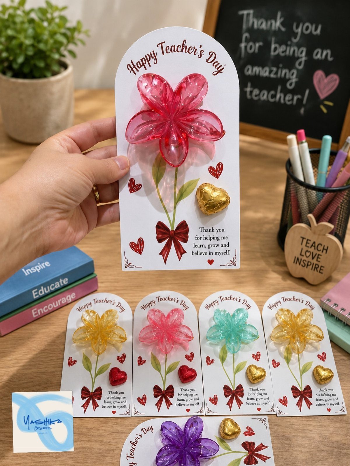 Hand holding a Teacher's Day card with a red flower candy and chocolate.