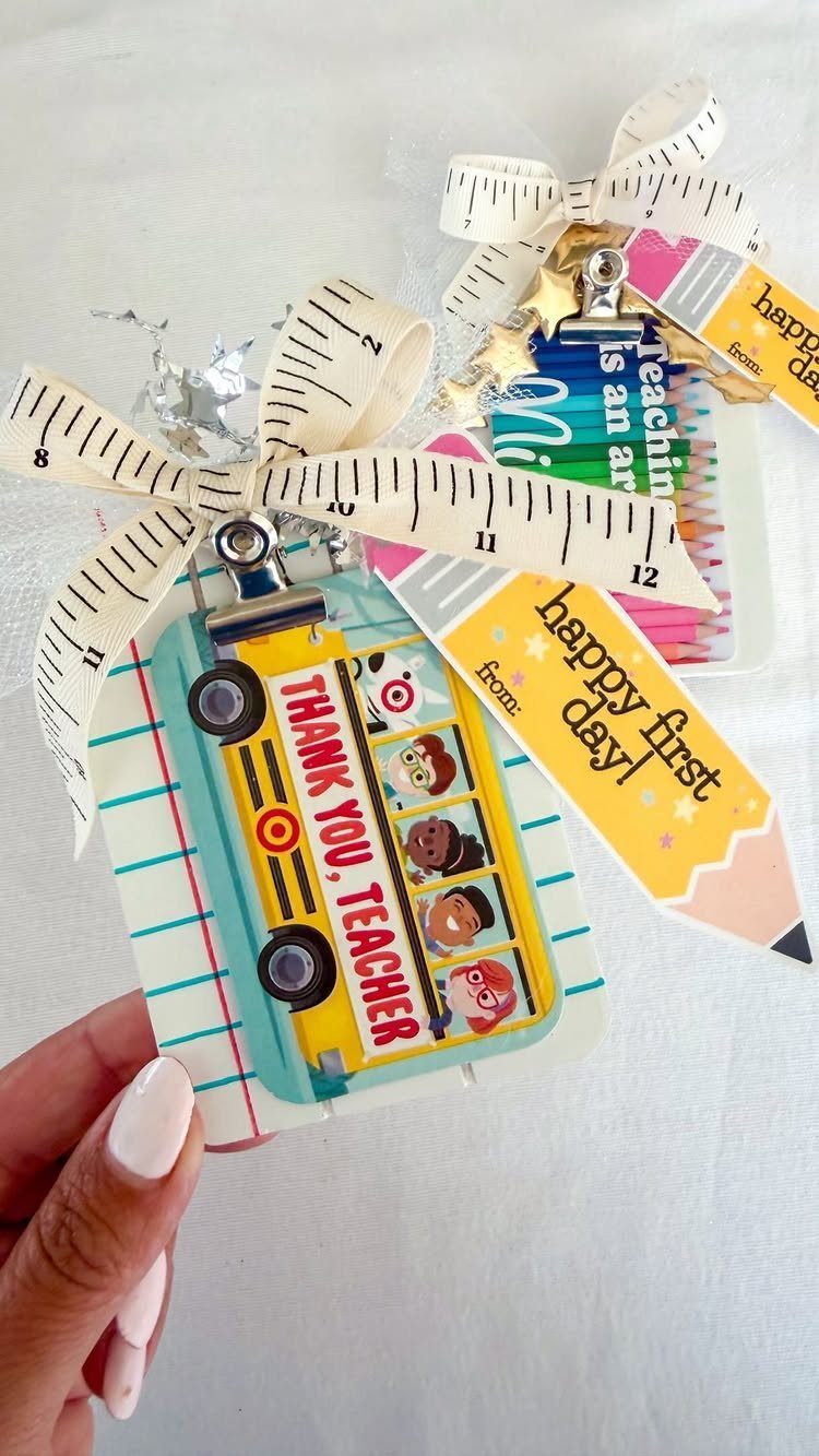 Teacher gift badge with a school bus, ruler ribbon, and pencil tag.