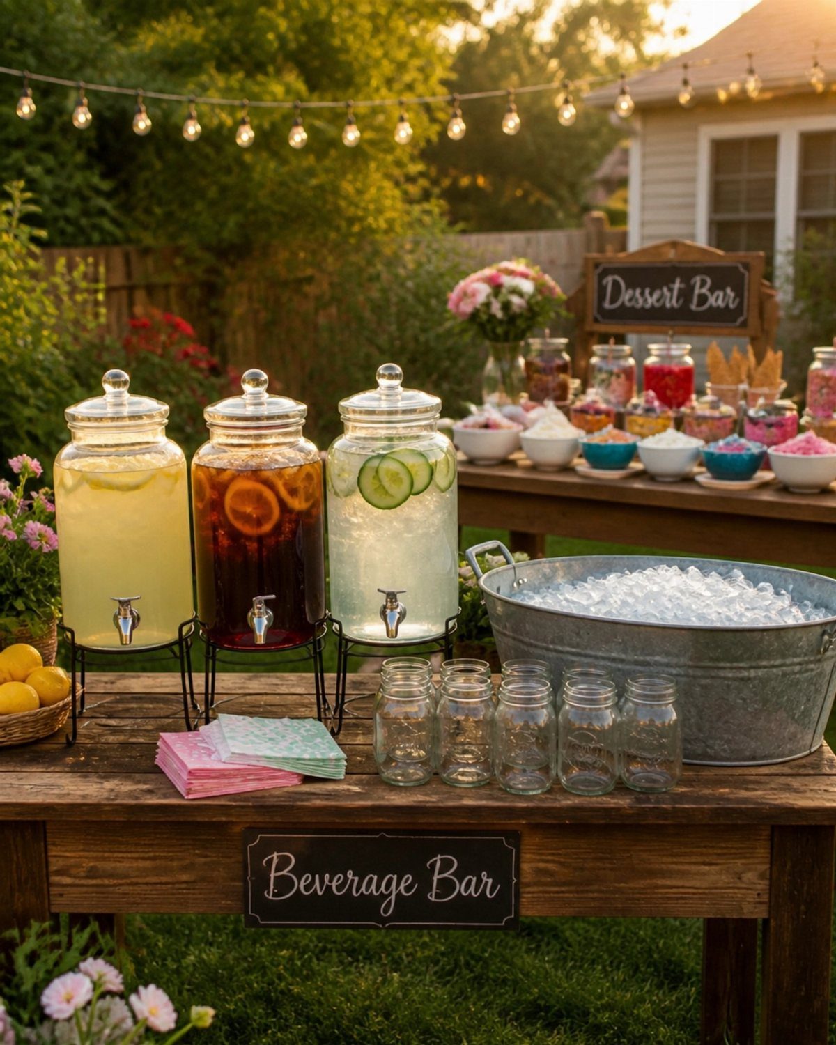 Beverage bar with fruit-infused drink dispensers and iced glasses on a wooden table.