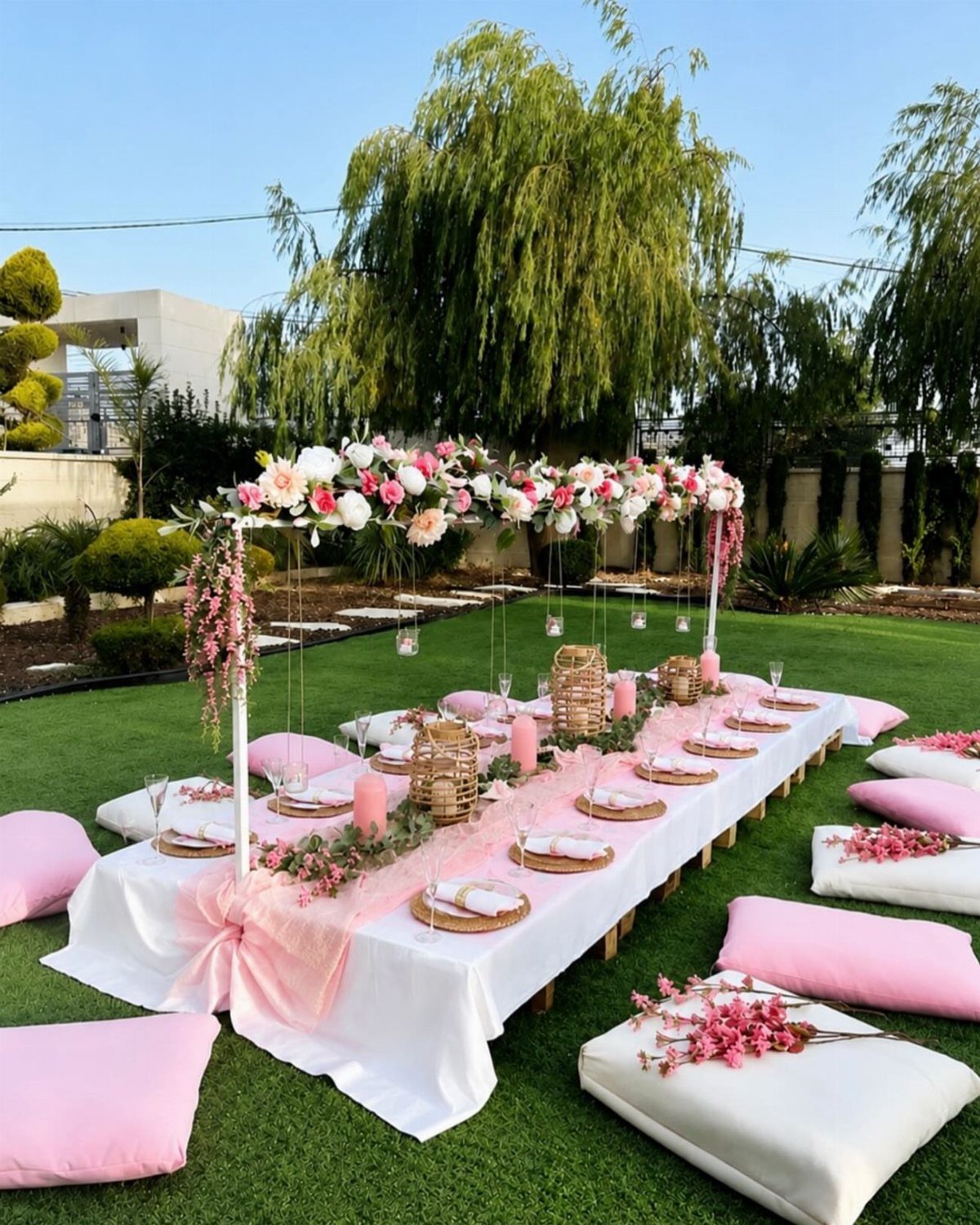 Elegant outdoor dining table with pink floral canopy and cushions on green grass
