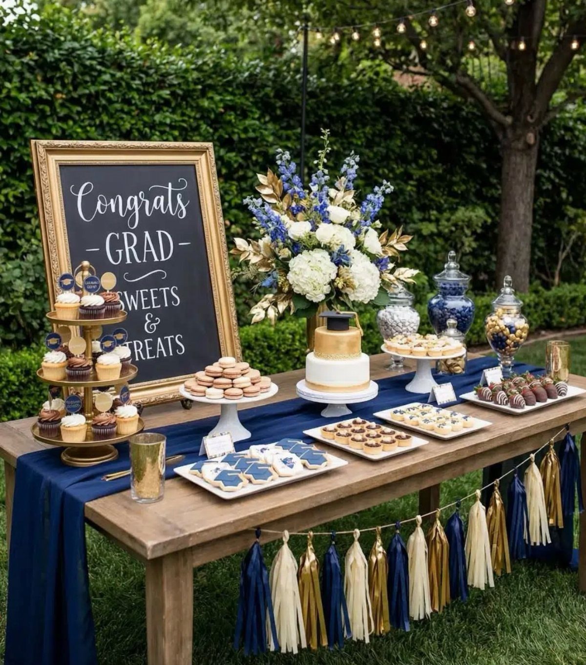 Dessert table with graduation treats, a chalkboard sign, and blue floral arrangements outdoors.