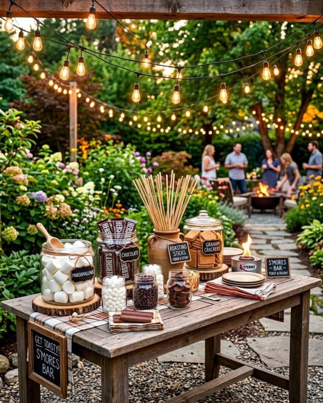 S'mores bar on a wooden table with ingredients and string lights in a garden.
