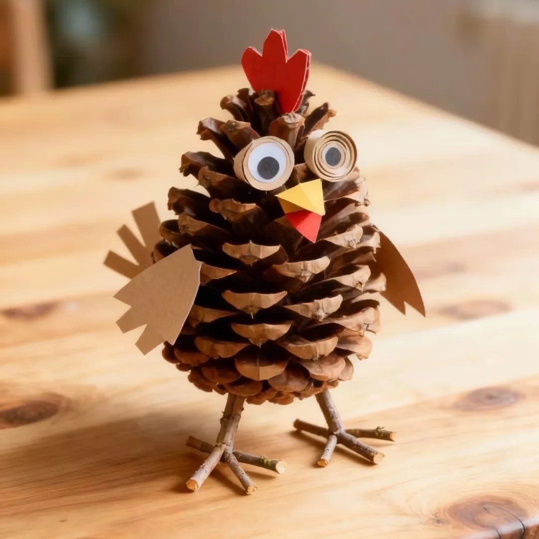 Pinecone chicken craft with red paper accents and twig legs on wooden table