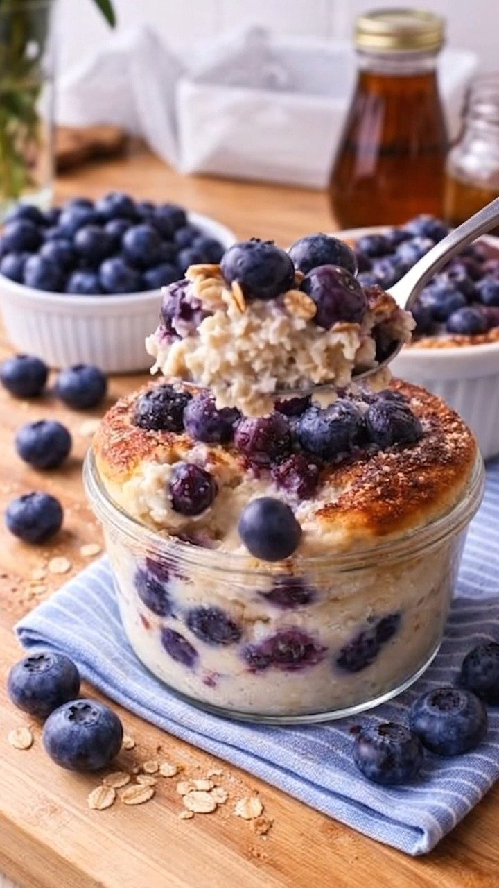 Baked oatmeal with blueberries in a glass jar on a wooden table.