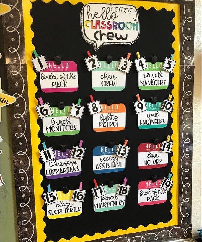Classroom jobs bulletin board with colorful task cards and numbered clothespins on black background.