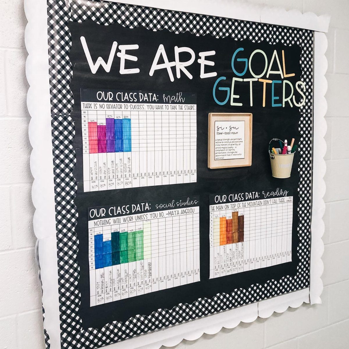 Goal Getters bulletin board with colorful data tracking charts on a black background.