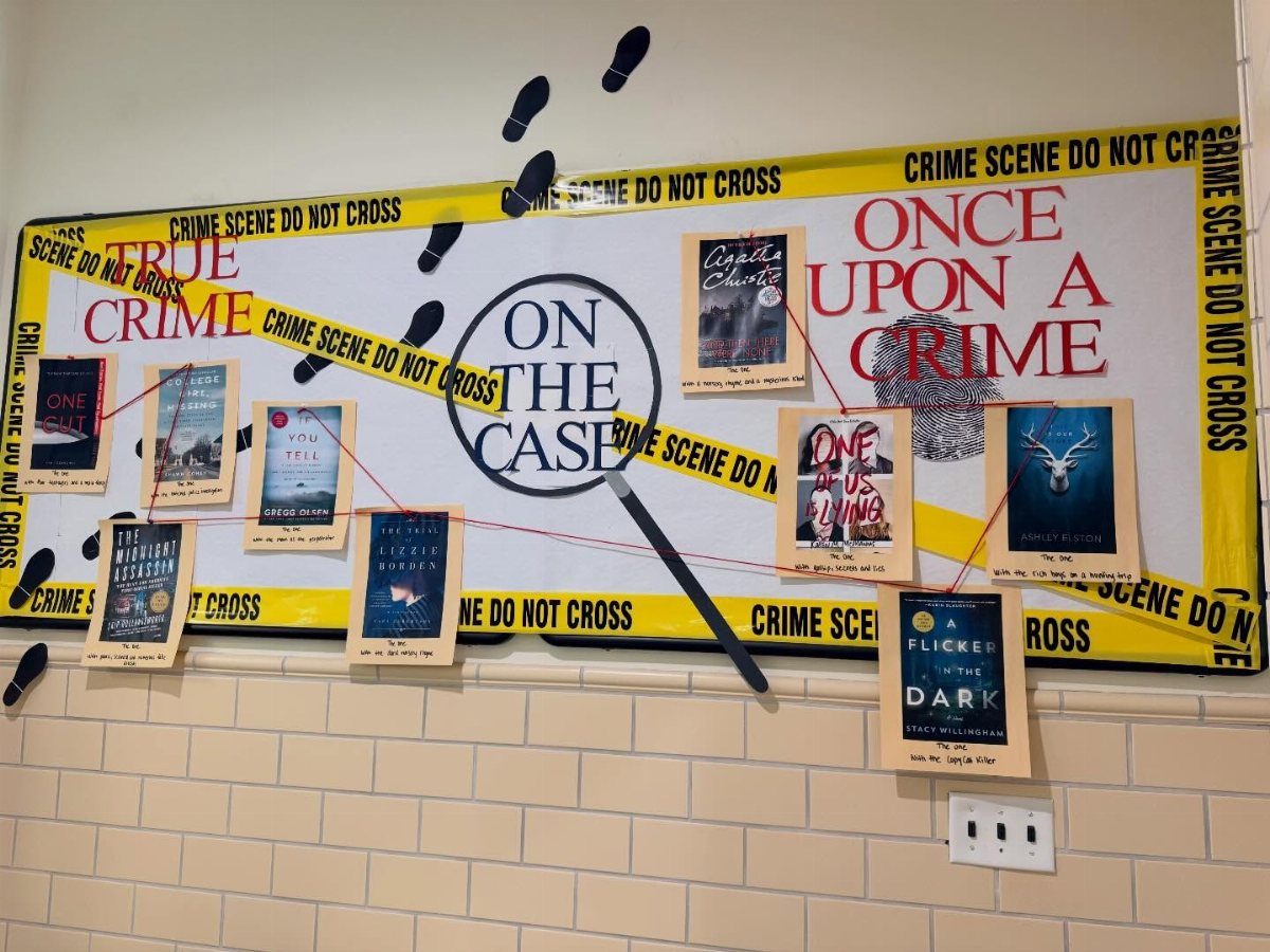 Crime scene themed bulletin board with book covers connected by red string and yellow tape.