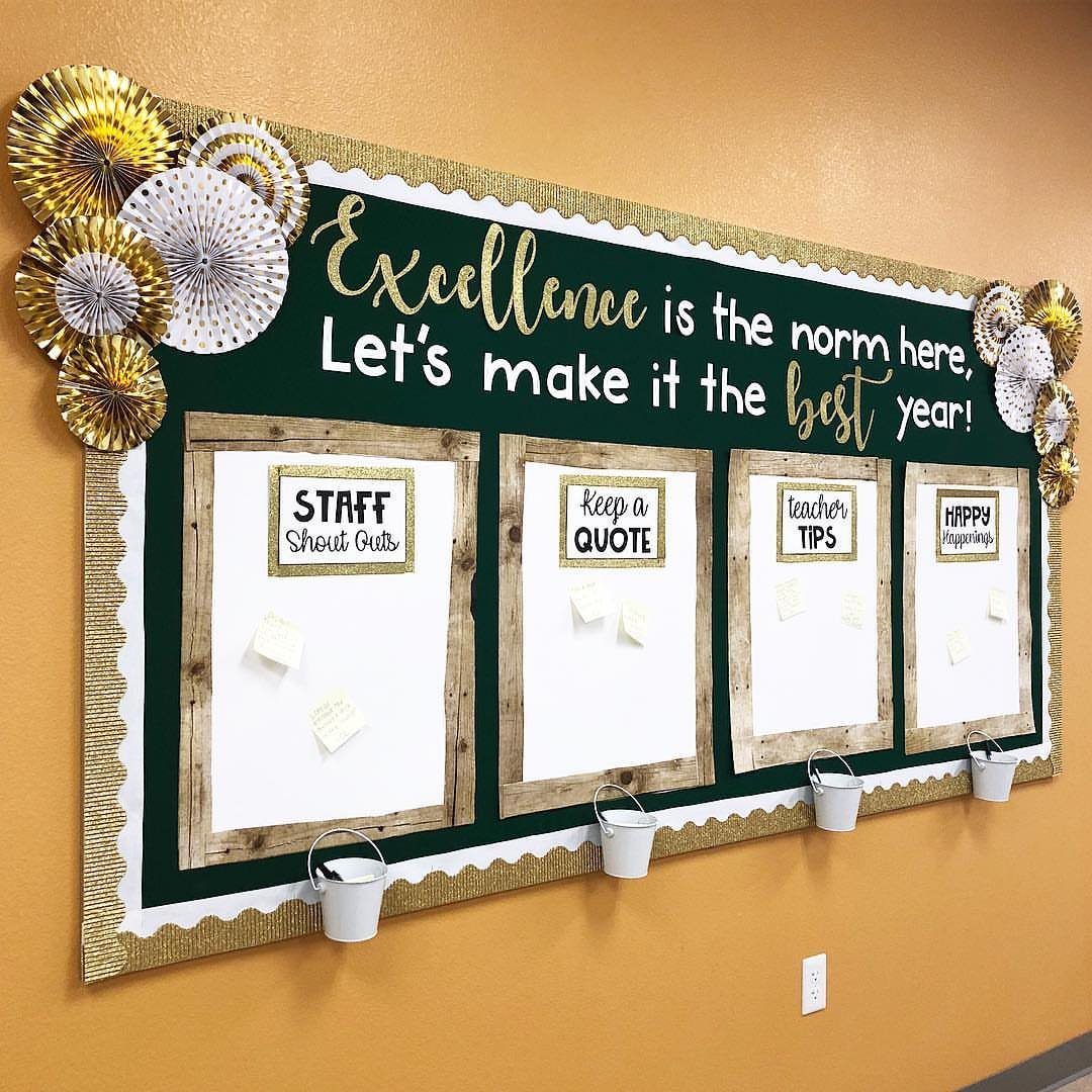 Green bulletin board with gold accents and a section for staff shout outs.