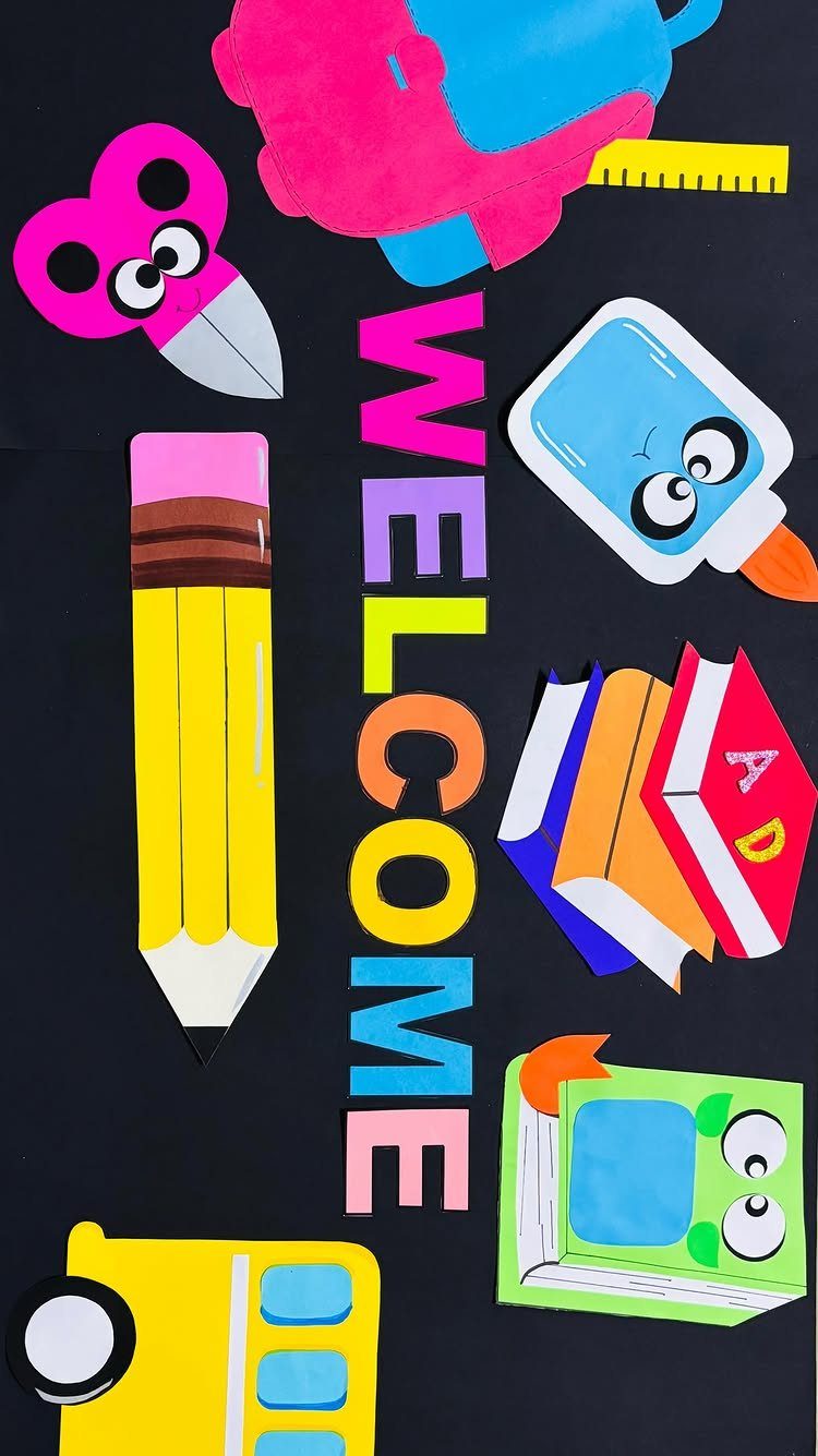 Welcome bulletin board with colorful letters and school-themed paper cutouts on black background