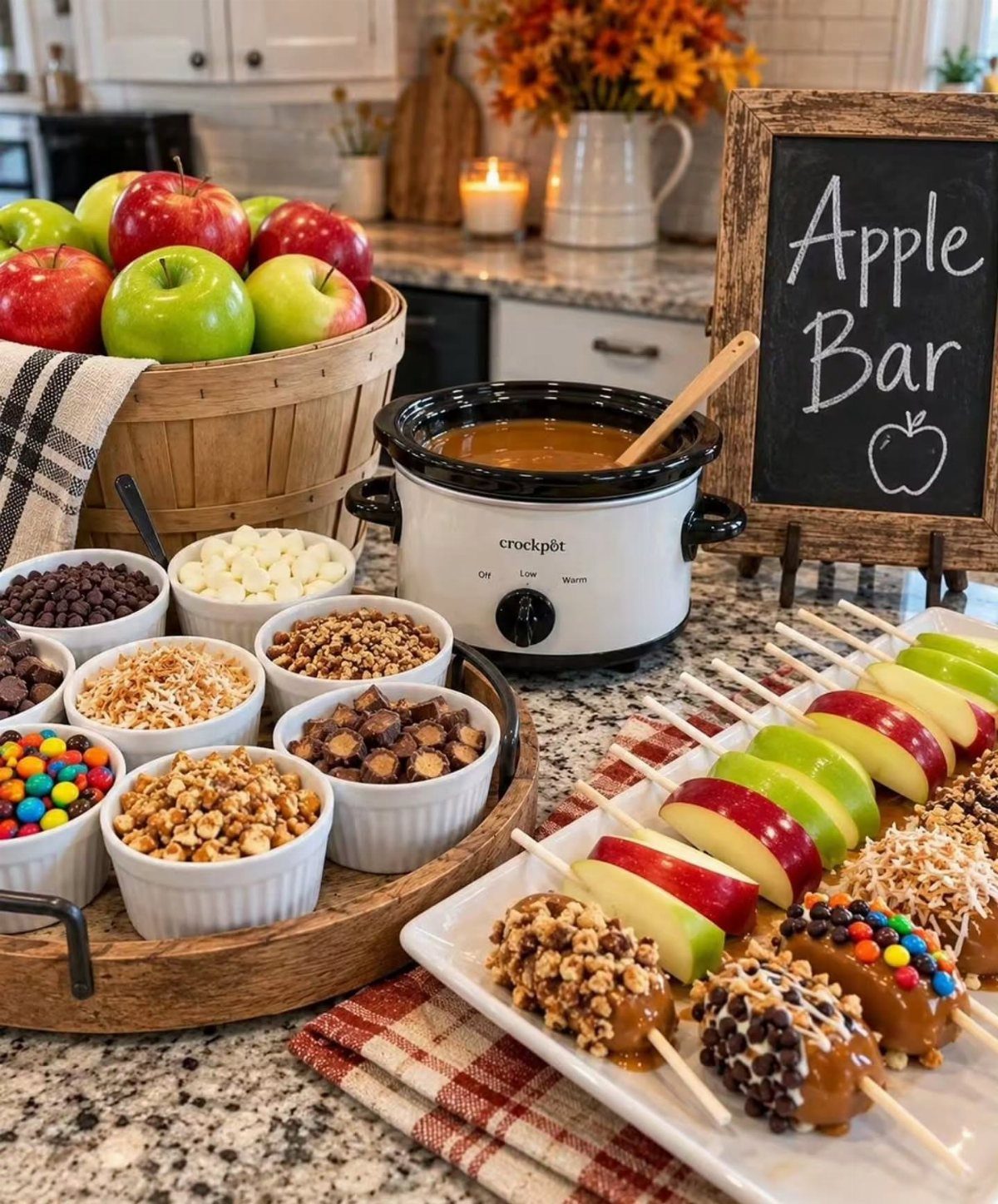 Caramel apple bar with sliced apples on sticks, toppings, and melted caramel.