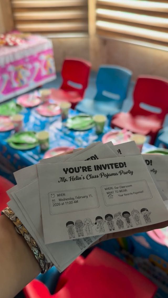 Invitations for a class pajama party held in a colorful classroom setting.