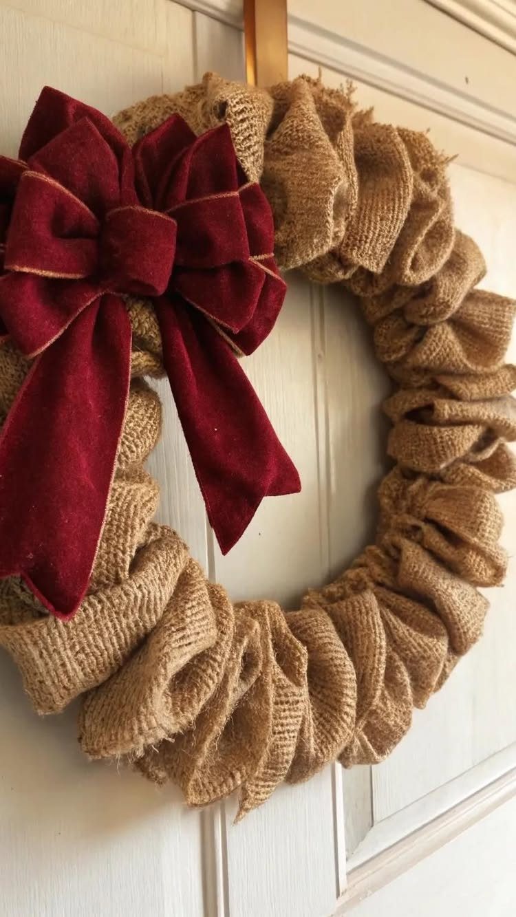 Burlap Christmas wreath with a large red velvet bow on a white door