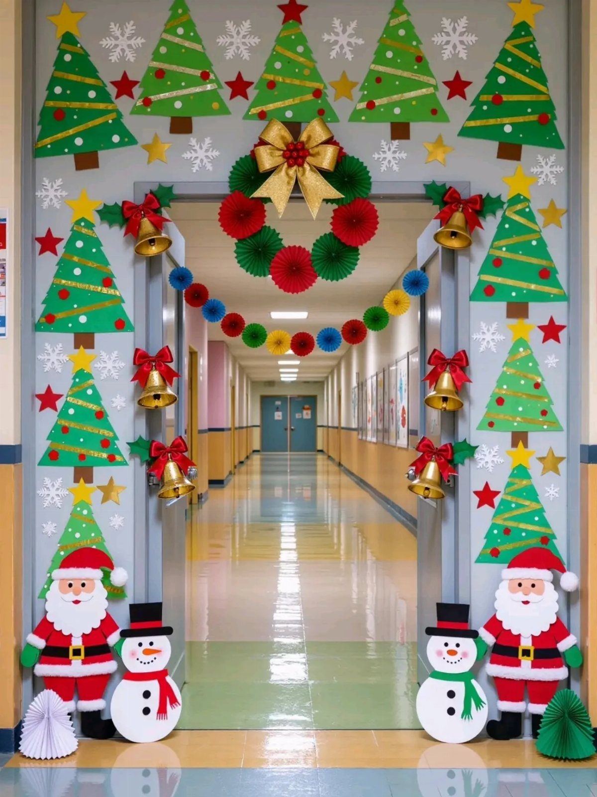 Christmas decorated school doorway with paper trees, Santa, snowmen, and a red wreath.