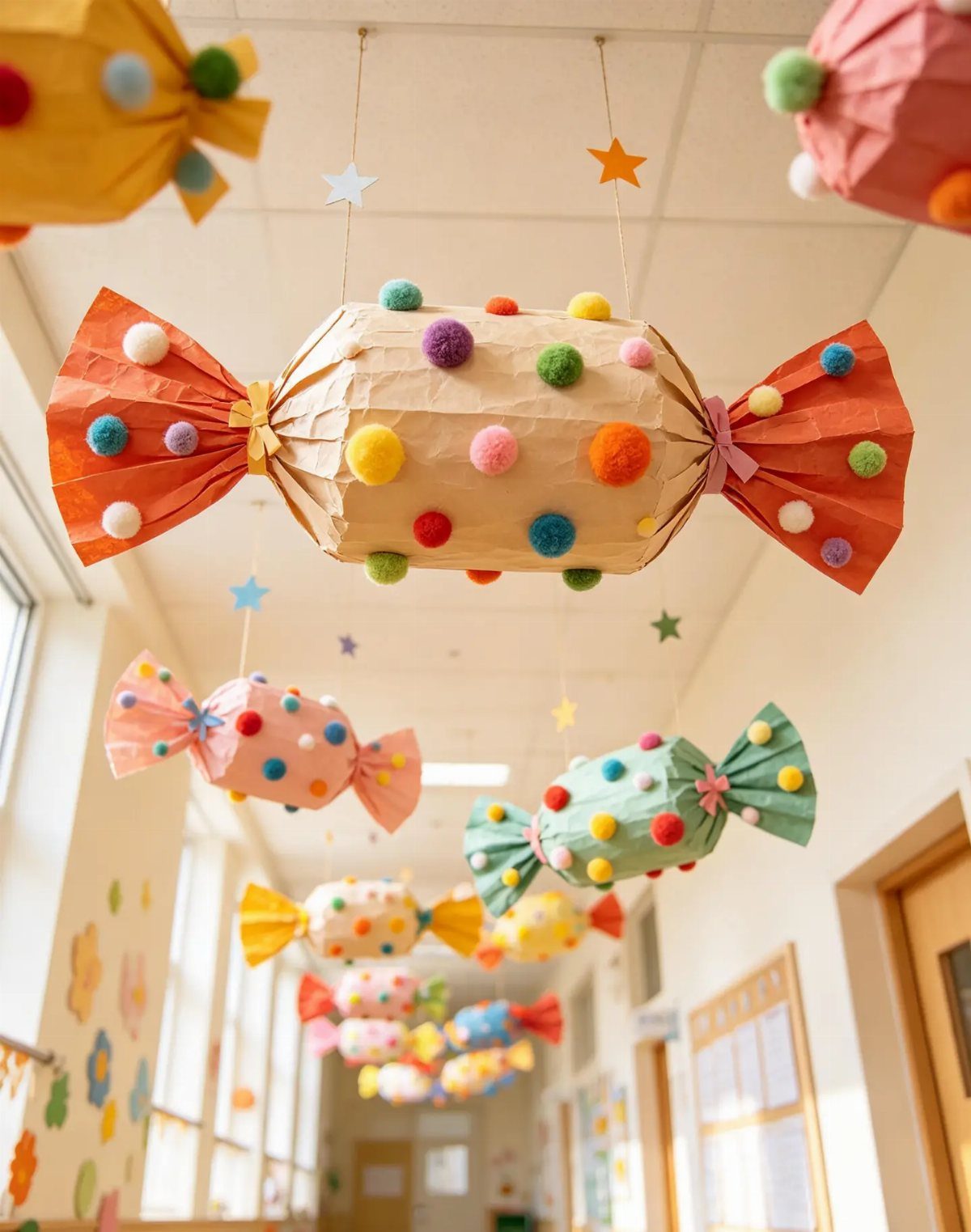 Large colorful paper candy decorations hanging from a school hallway ceiling