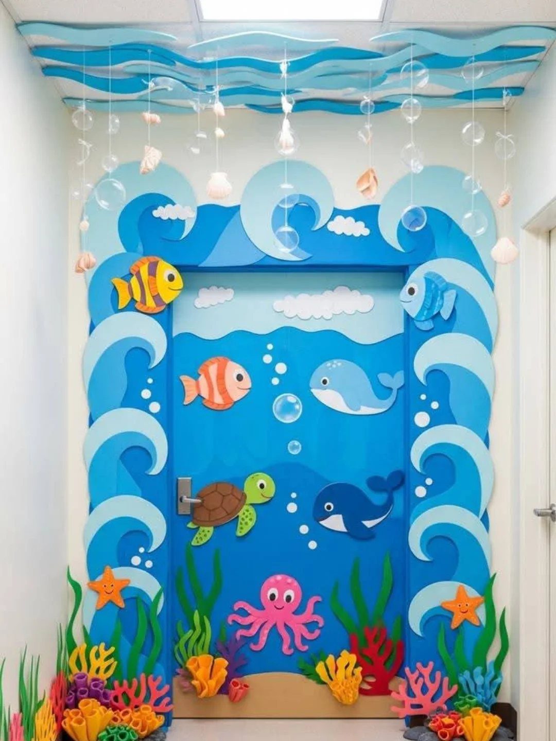 Underwater themed classroom door decoration with colorful sea creatures and blue waves.