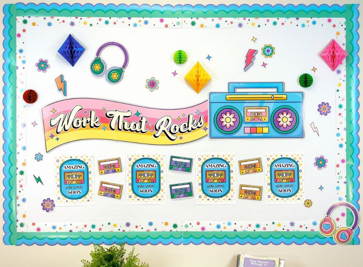 Retro themed bulletin board with a boombox, headphones, and 'Work That Rocks' banner.