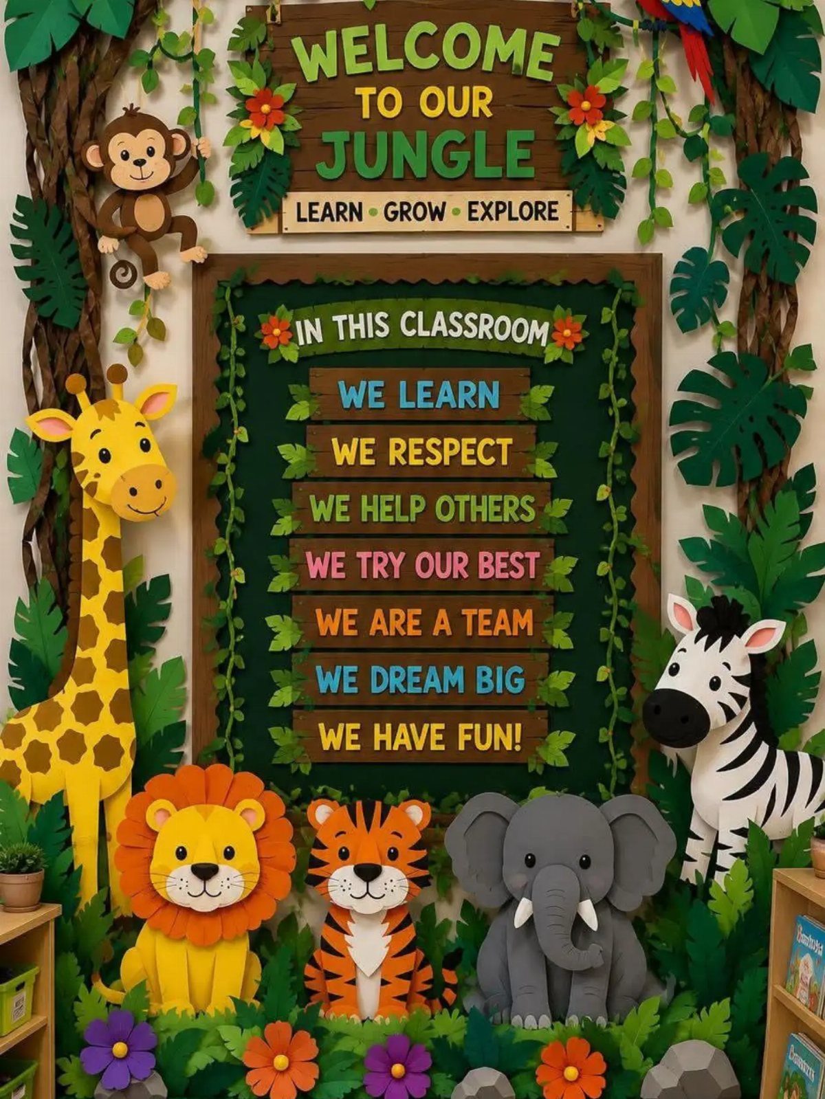 Jungle themed classroom bulletin board with cartoon wild animals and classroom rules.
