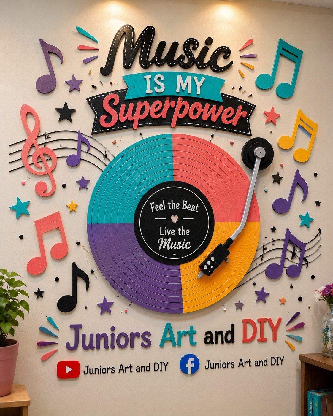 Colorful music-themed wall art with a large vinyl record and floating musical notes.