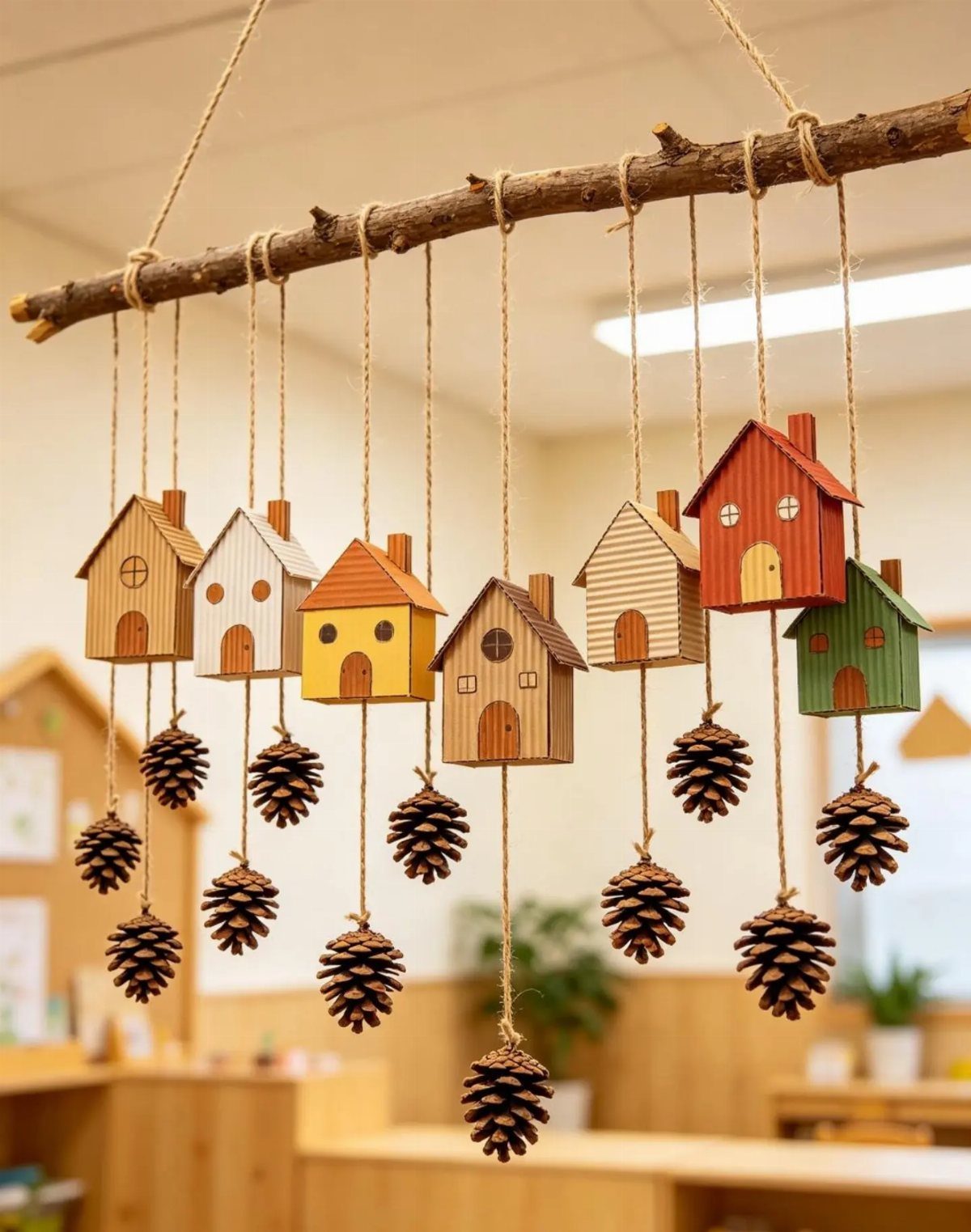 Wooden house models and pinecones hanging from a natural tree branch indoors.