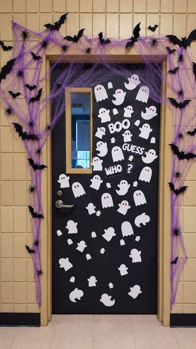 Black classroom door decorated with white ghosts, purple webbing, and black bats for Halloween.