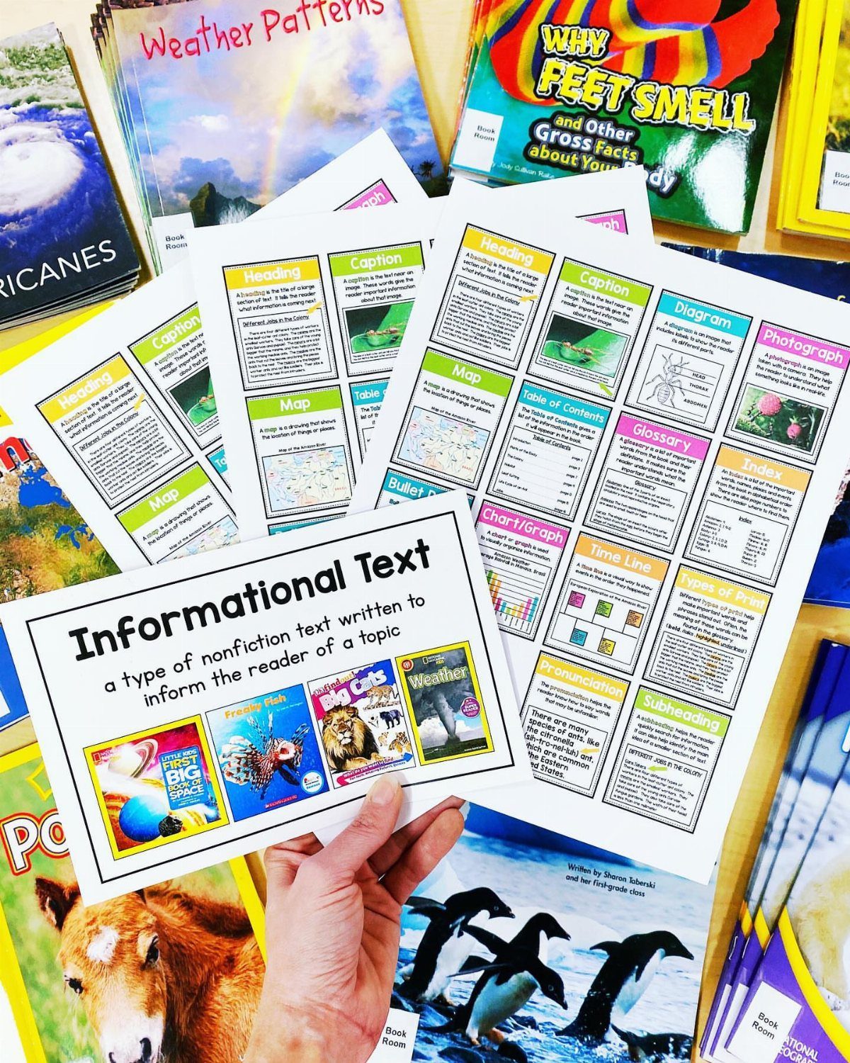 Informational text card and worksheets about nonfiction text features with children's books.