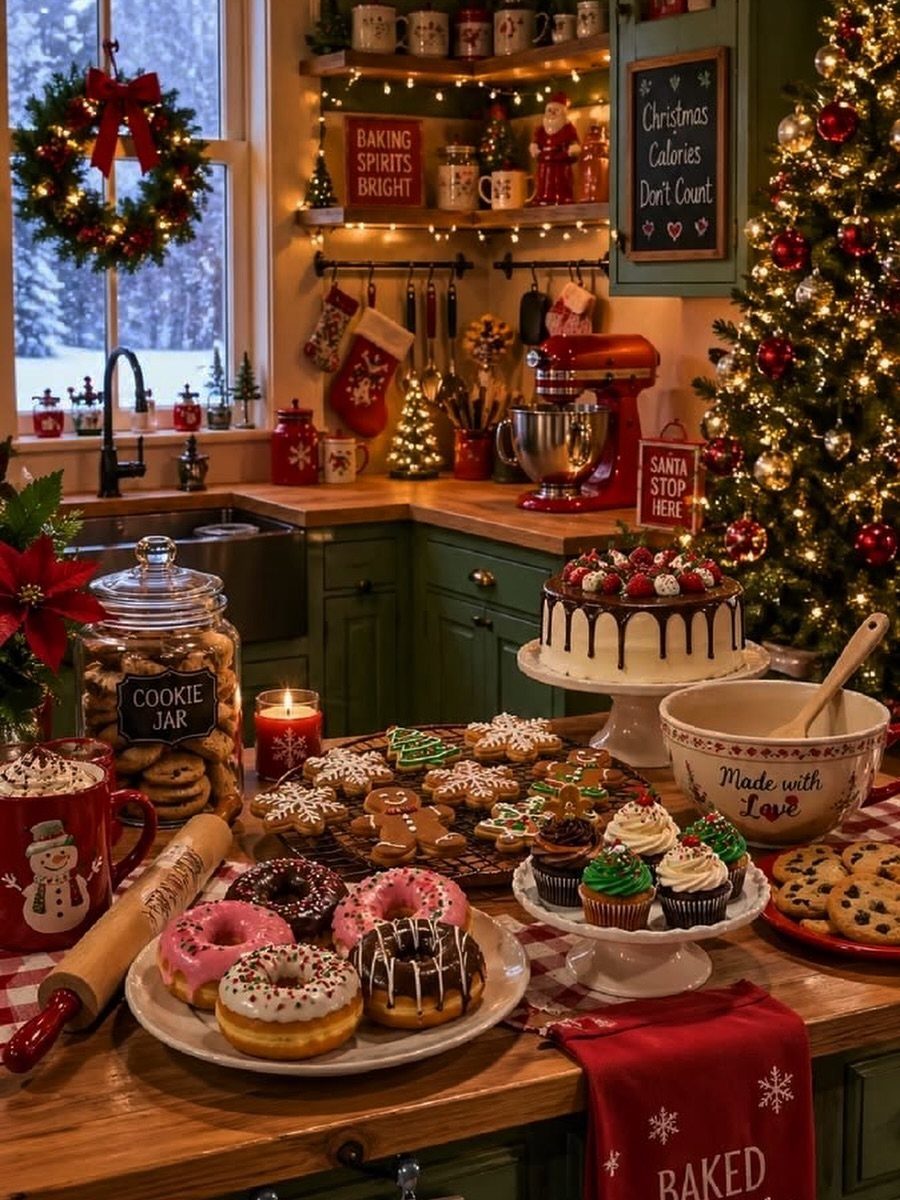 Festive holiday treats including decorated cookies, donuts, and cake on a kitchen counter.