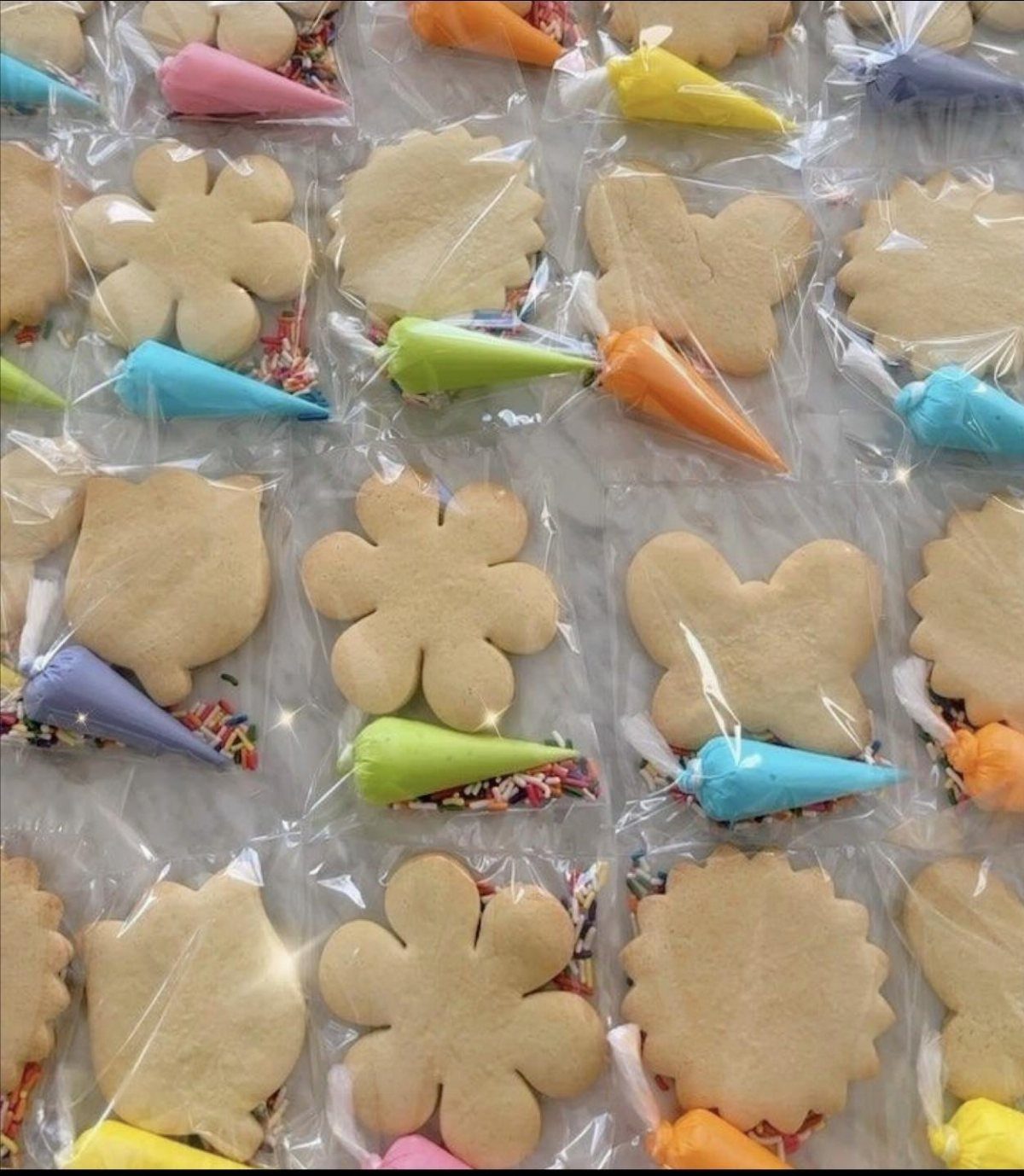 Plain sugar cookies in plastic bags with colorful icing and sprinkles for decorating.