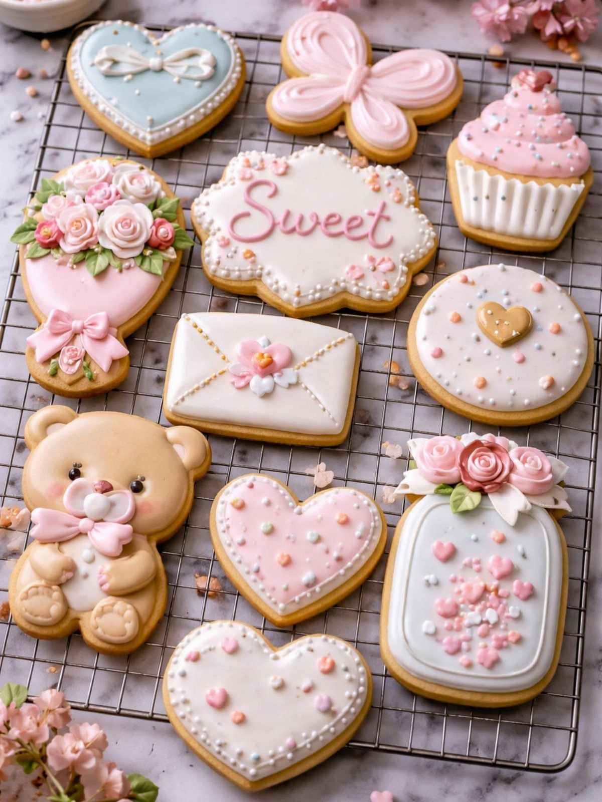 Decorated sugar cookies in various shapes with pink and white icing on a rack