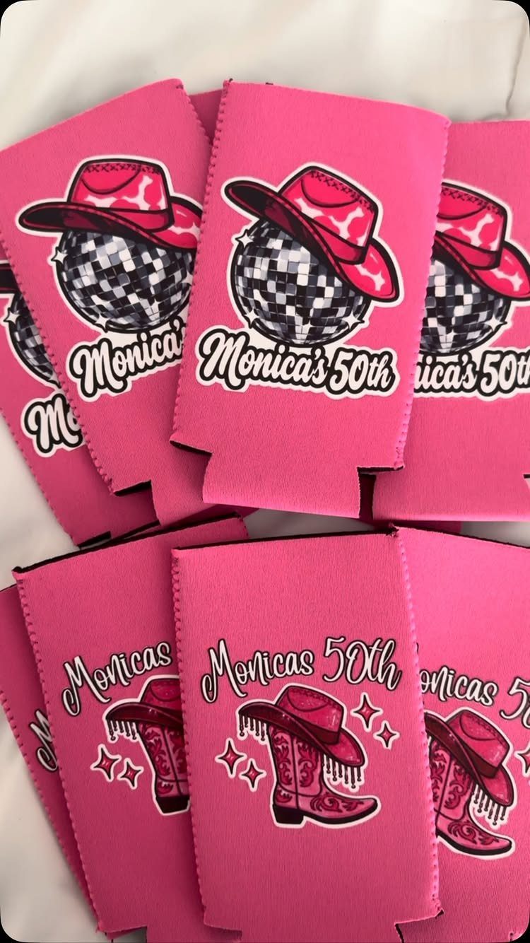 Pink foam can coolers with disco cowboy graphics and Monica's 50th text.