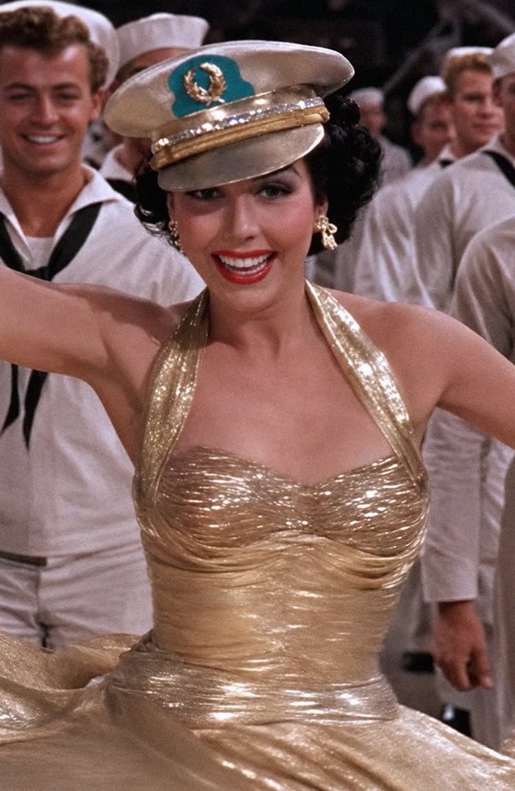 Woman in gold dress and captain's hat dancing with sailors in white uniforms