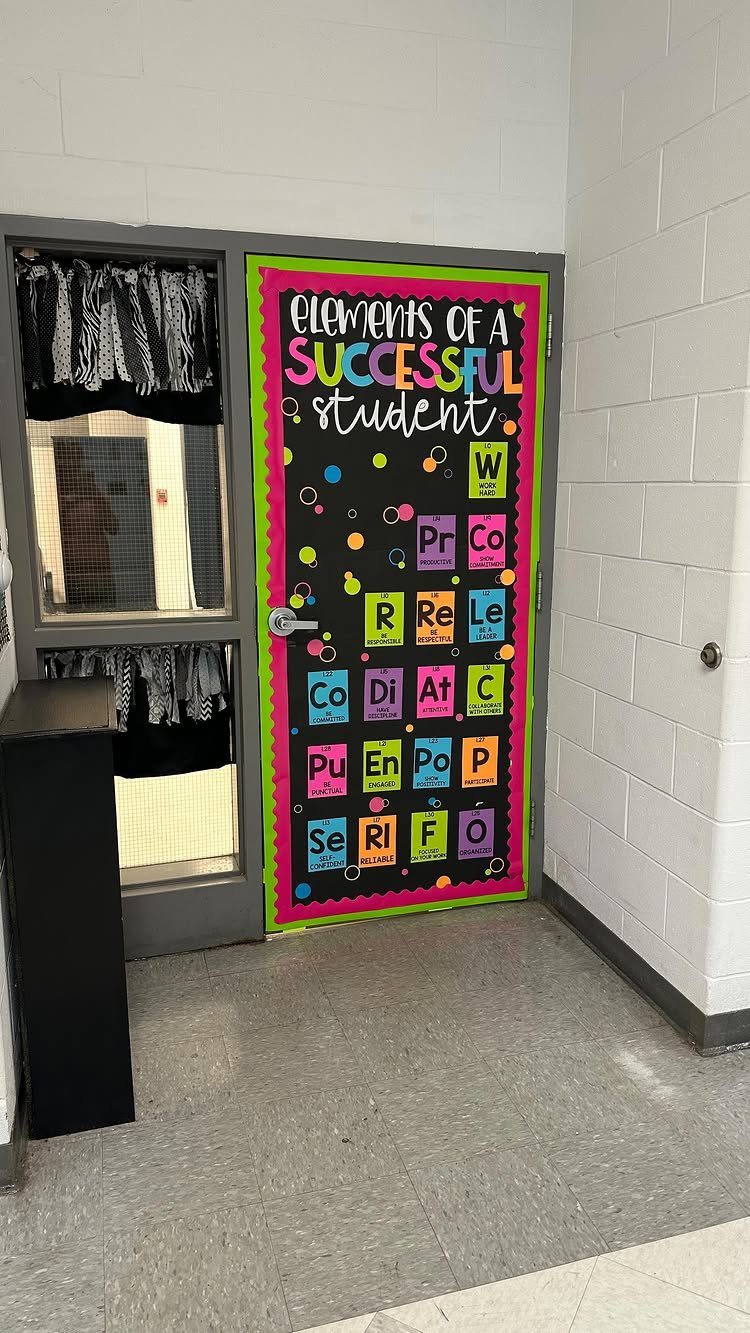 Classroom door decorated as a periodic table titled Elements of a Successful Student