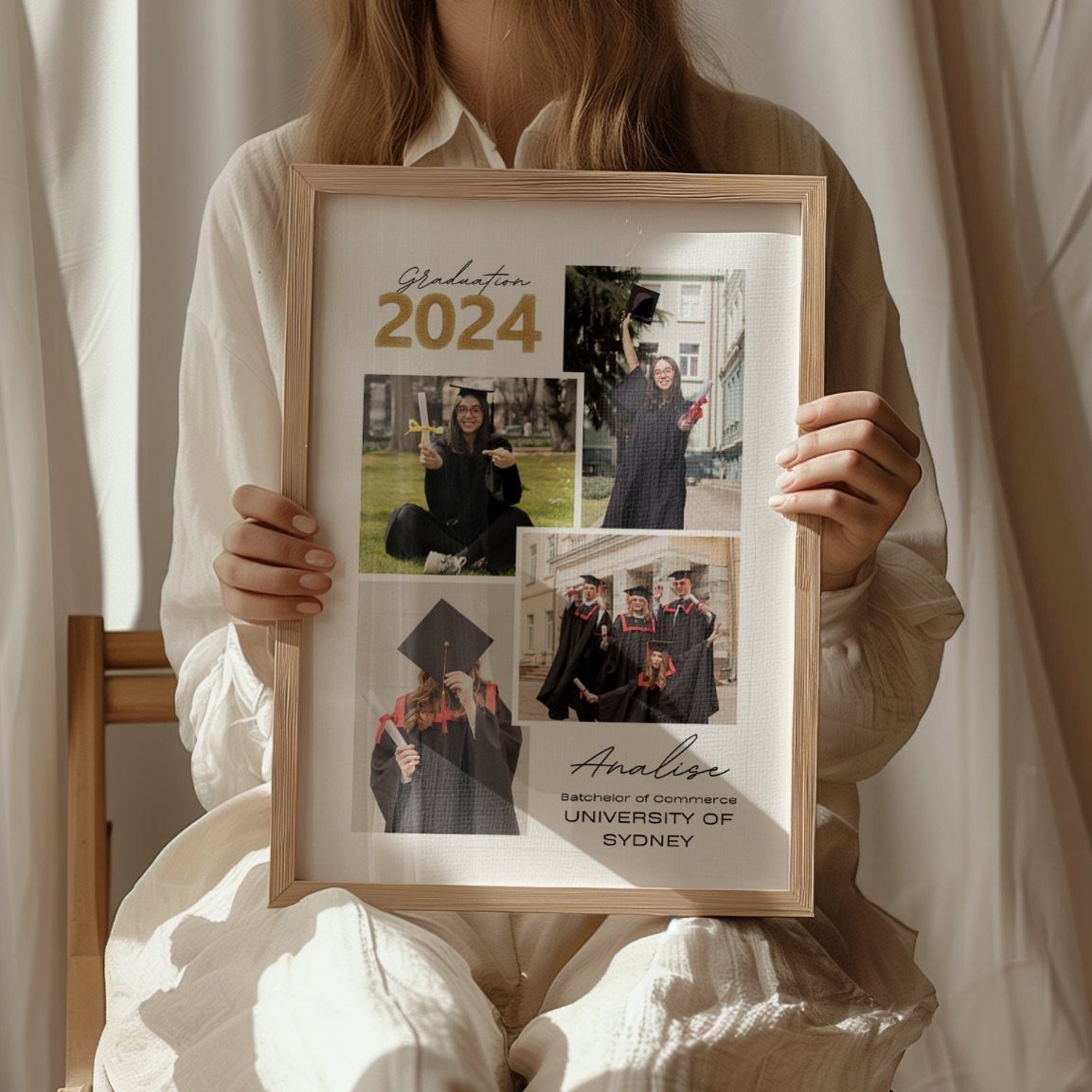 Framed graduation canvas collage with photos and text held by a person.