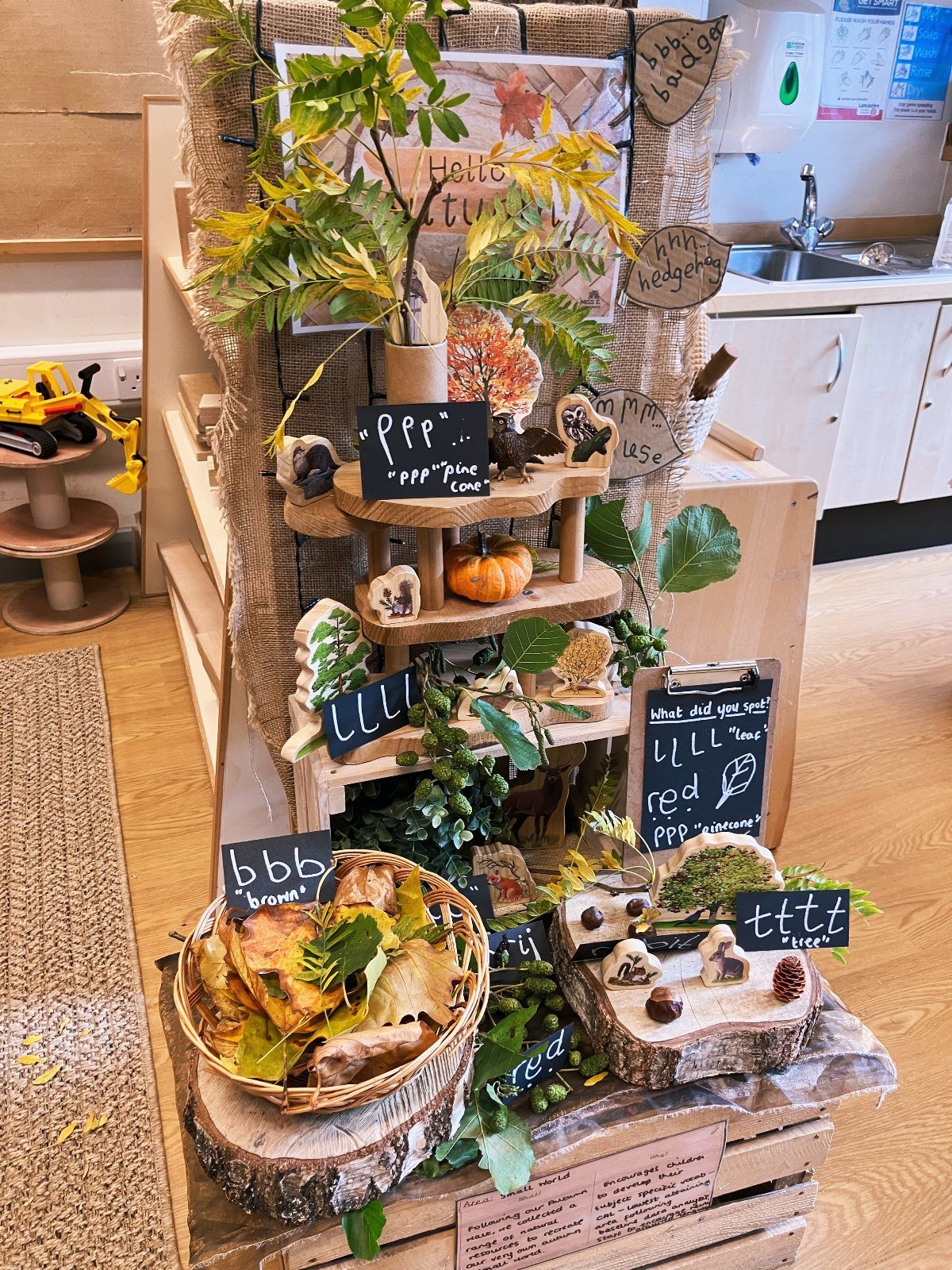 Autumn classroom display with yellow leaves, a pumpkin, and wooden slices on burlap.