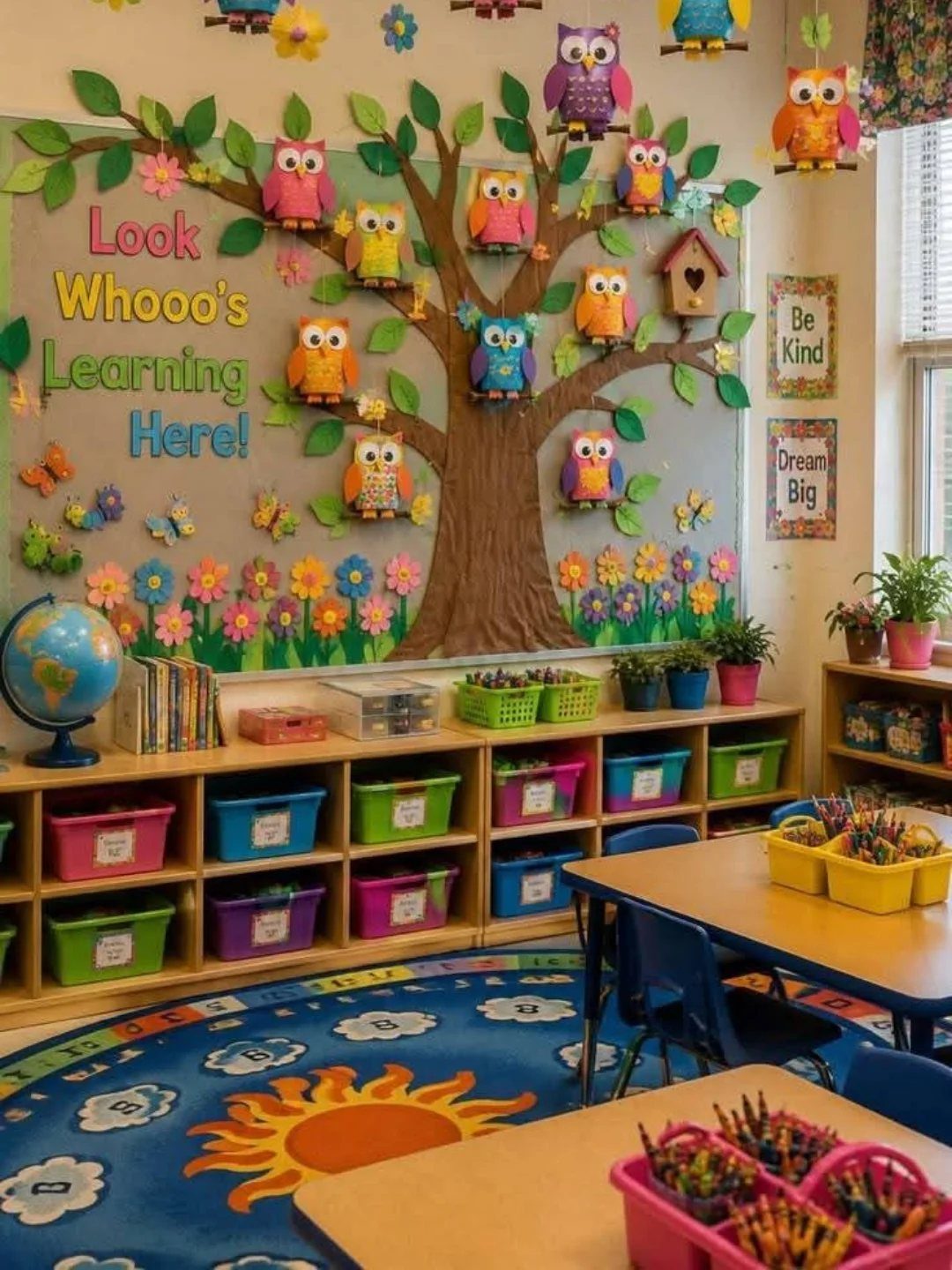 Classroom wall with a large tree mural decorated with colorful owls and flowers.