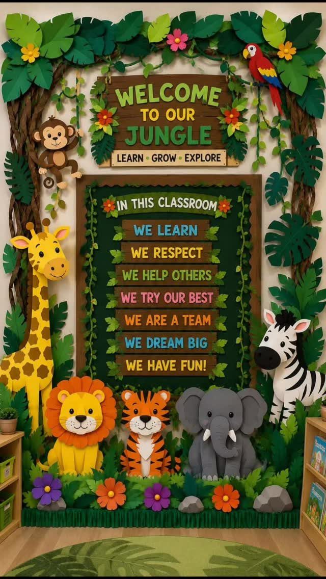 Jungle themed classroom bulletin board with cartoon wild animals and tropical greenery.