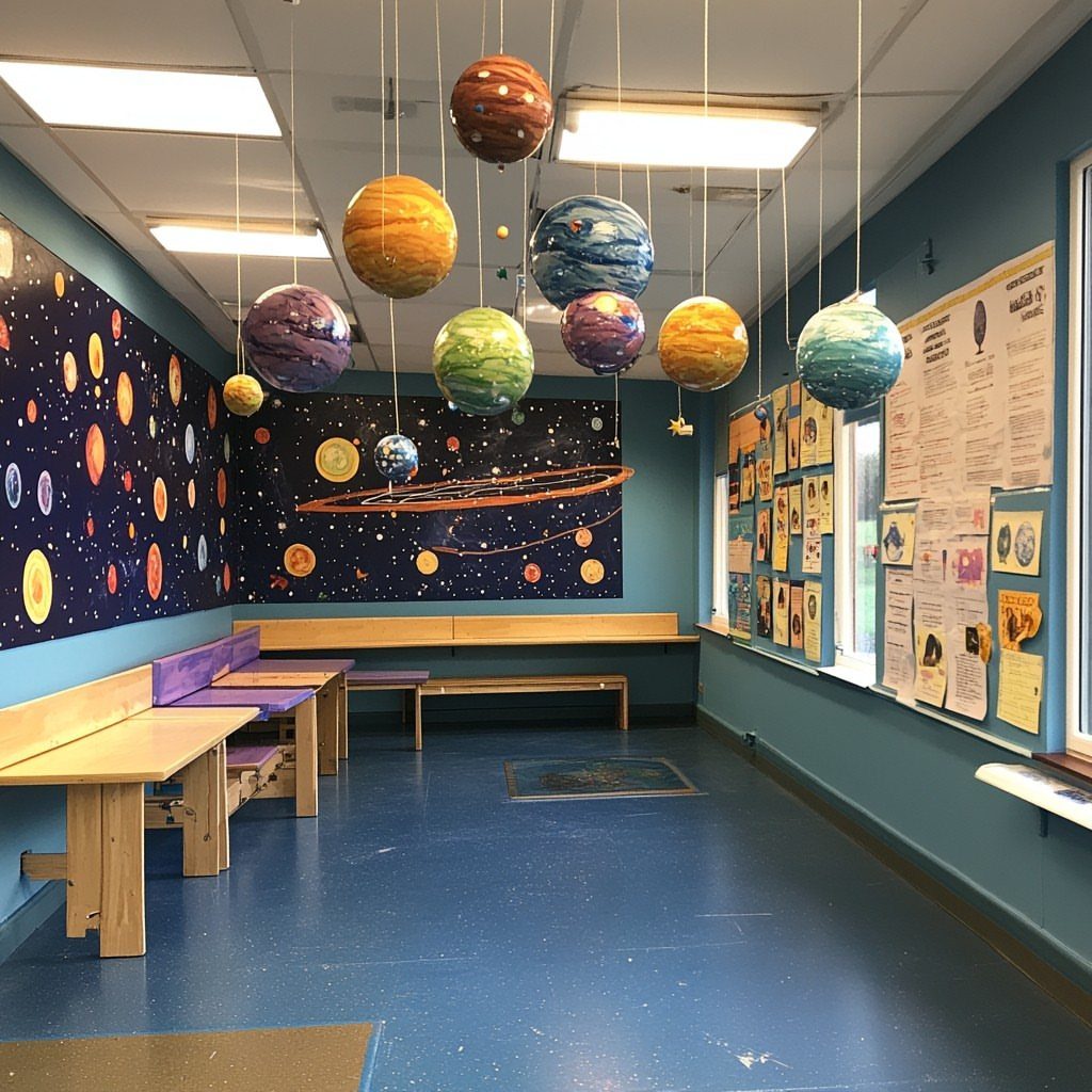 Space-themed classroom with hanging planet models and a cosmic mural on blue walls.
