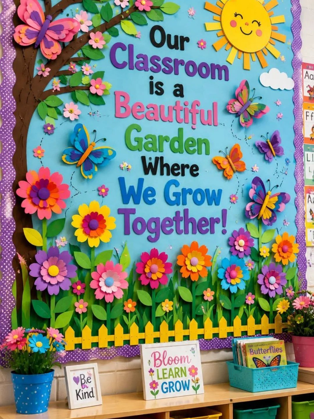 Classroom bulletin board decorated as a garden with colorful paper flowers and butterflies.