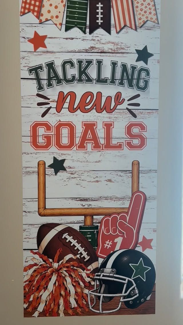 Football themed poster with text Tackling New Goals and sports equipment on wood background