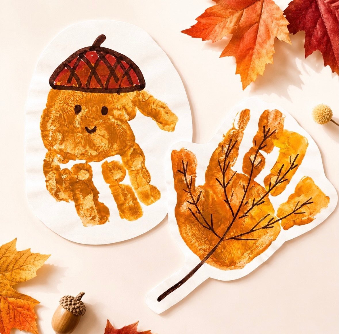 Orange handprint paintings of an acorn and a leaf on white paper cutouts.