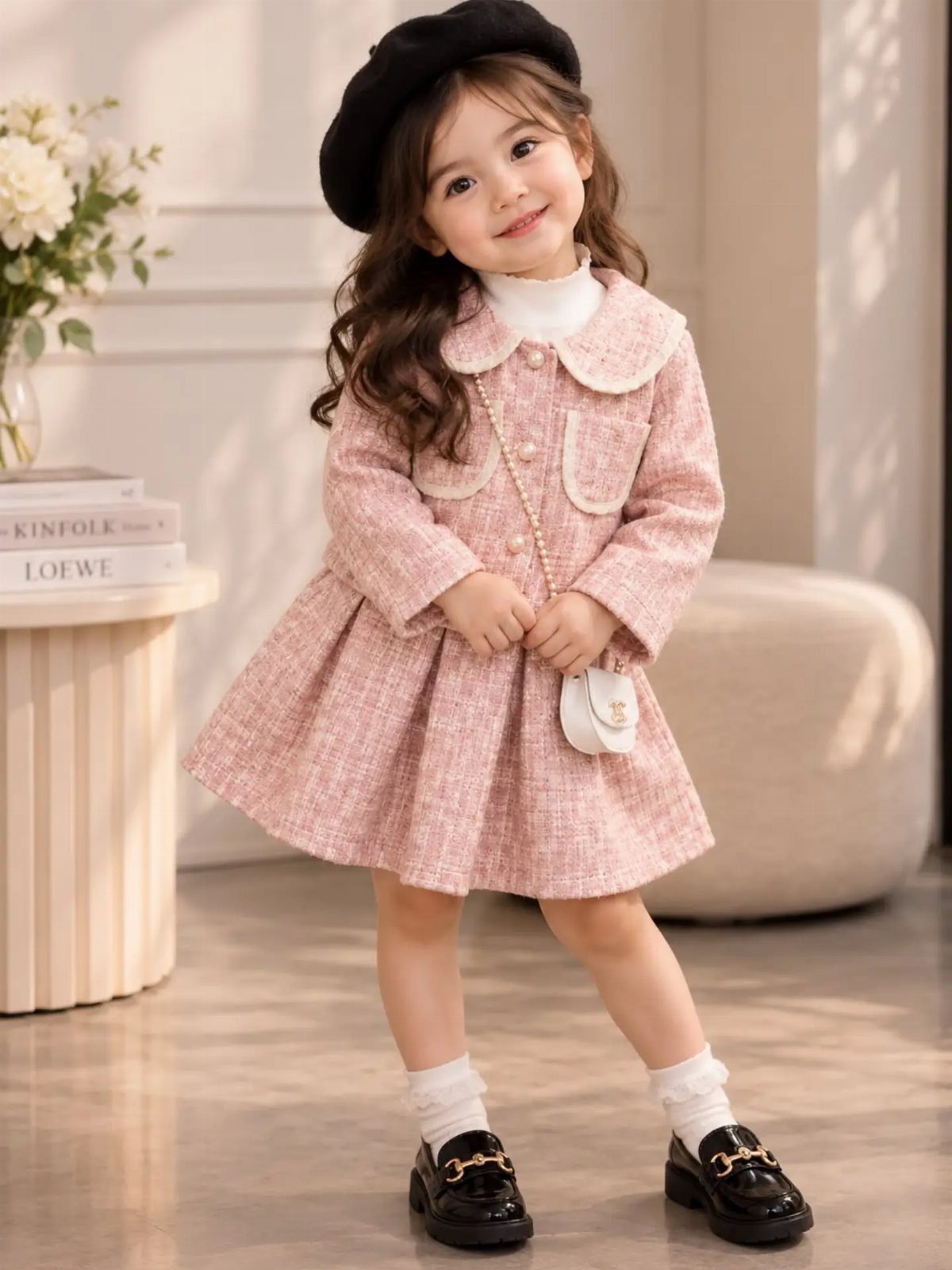 Young girl in a pink tweed dress, black beret, and black loafers posing indoors.