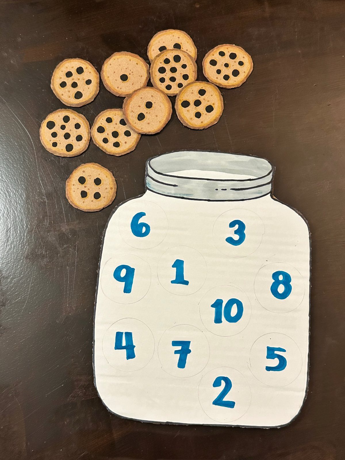 Chocolate chip cookies and a paper jar with numbers for a counting activity.