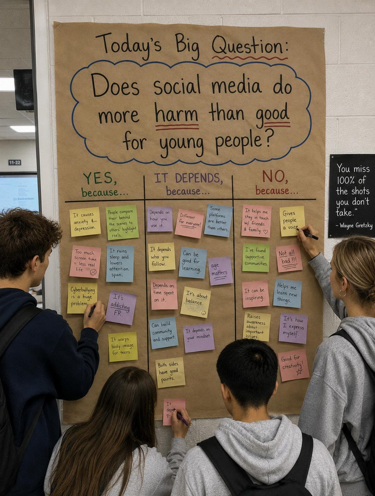 Students placing colorful sticky notes on a large question poster in a classroom.