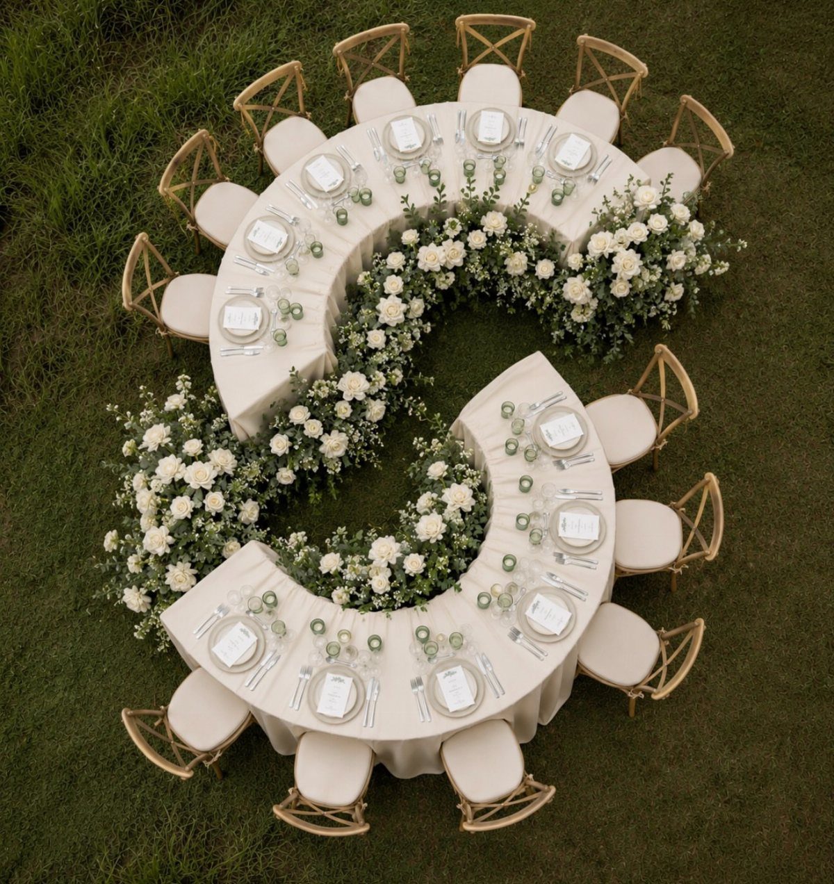 S-shaped curved dining tables with white floral arrangements set on a green lawn