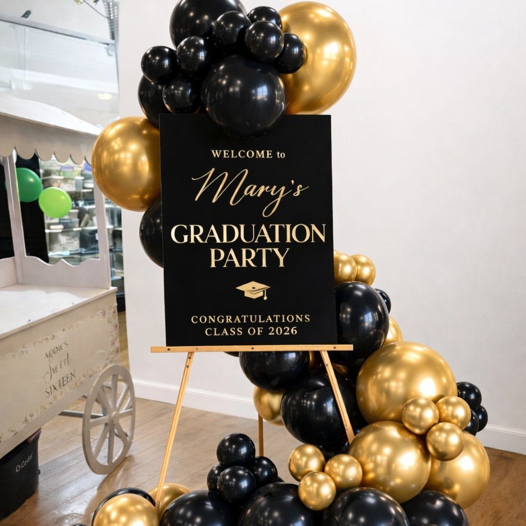 Black graduation welcome sign on gold easel surrounded by black and gold balloons.