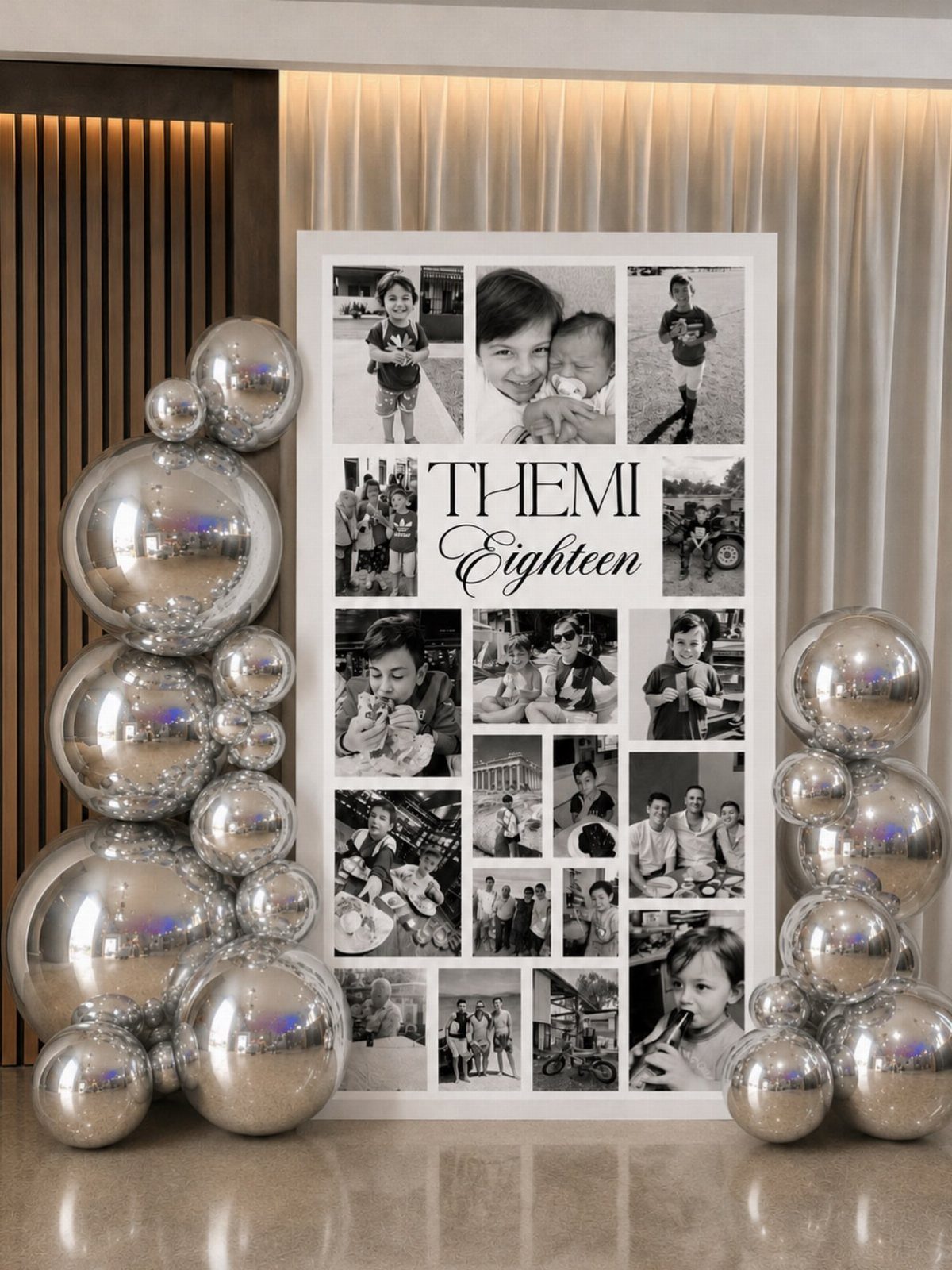 Photo board with childhood pictures and silver balloons for an eighteenth birthday celebration.