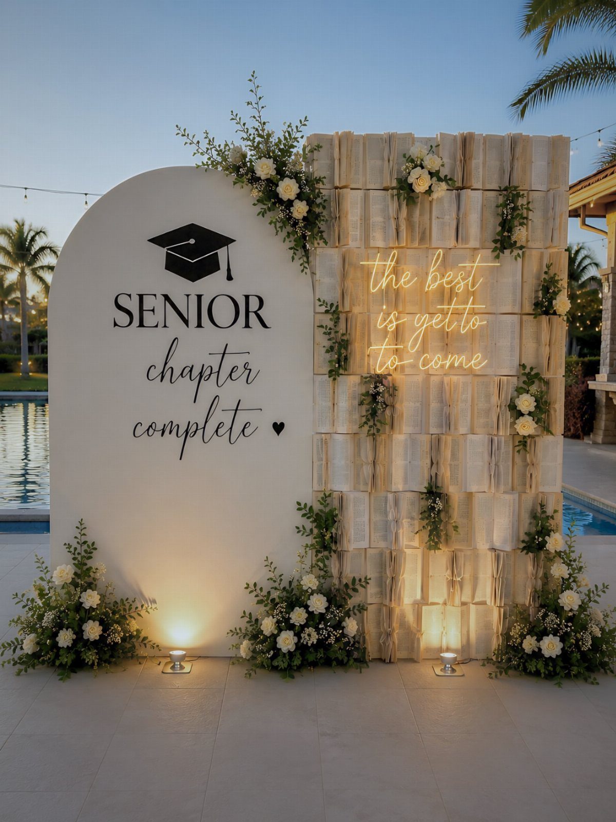 Graduation backdrop with a white arched sign, book wall, and neon lettering.